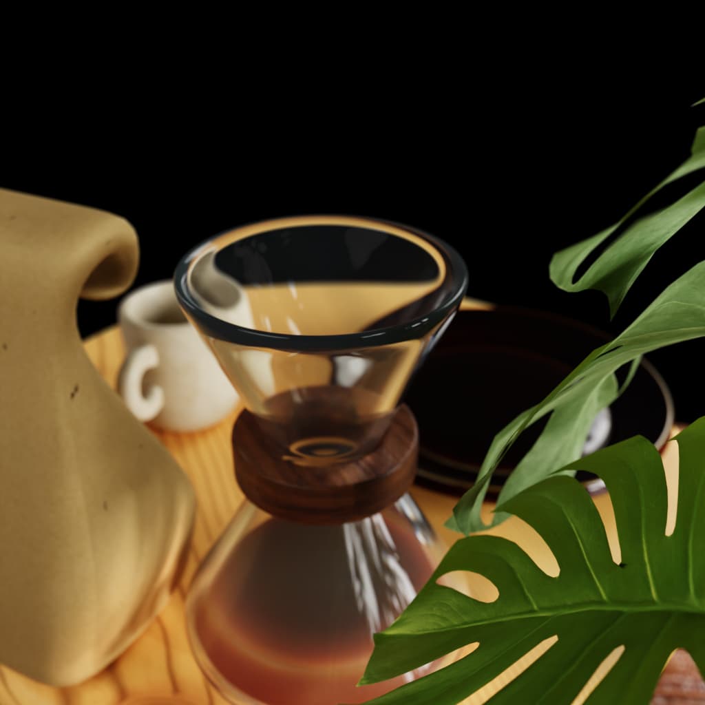 v60 coffee brewer on table with coffee mug and plate