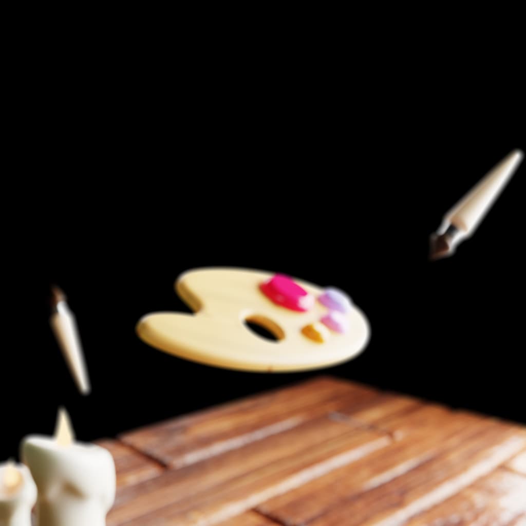 background image with paint palette and paintbrushes and candles floating in the air dramatically